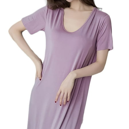 

Women Nightgown Loose Long Solid Color Scoopneck Sleep Dress Night Sleepwear