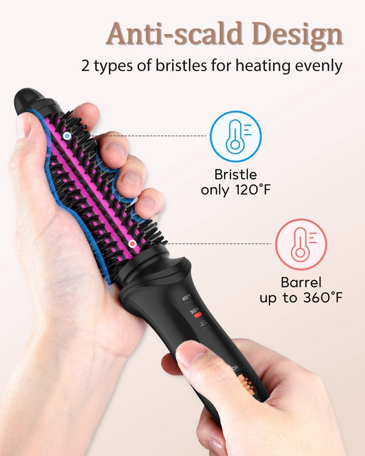 Curling Iron Brush for Short Long Hair, Hair Curling Brush Long Barrel Tourmaline Ceramic, Dual Voltage Curling Brush Iron with Anti-Scald Bristles (Black)