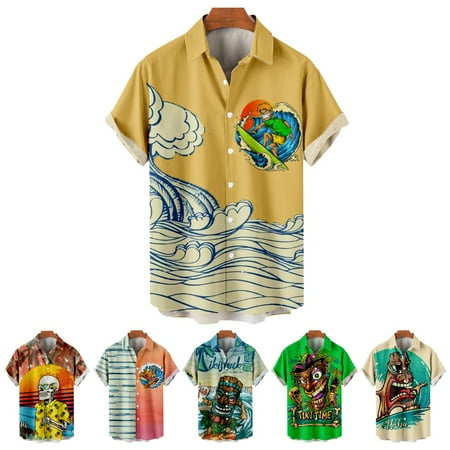 

LANLIN Hawaiian Youth Adult Casual Tee Shirts Front-Pocket Vacation Bowling Shirts Size 100-170/XXS-8XL