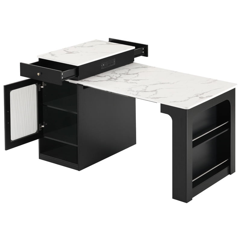 Bellemave 60" Kitchen Island with Extendable Dining Table and Power Outlet, Mobile Kitchen Storage Islands with 2 Storage Drawers, Rolling Islands Cart with Extra Rows Open Shelves（Black)