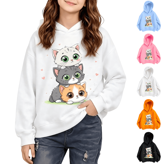 Wilak Girls Cats Printed Hoodies Sweatshirts Size 2-8, Pullover Long Sleeve Casual Cute Kids Fall Tops White