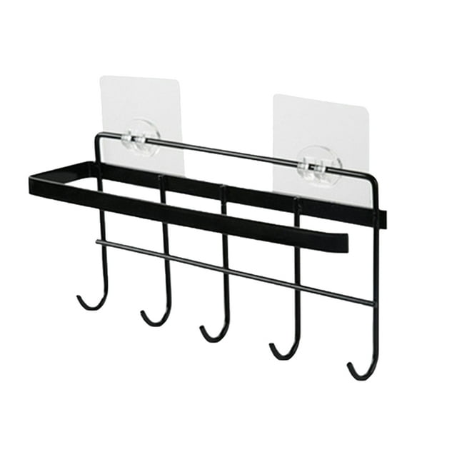 Multifunctional Storage Rack Organizer Punch Free Towel Bar Hook Hanger for Bathroom Kitchen (Black)