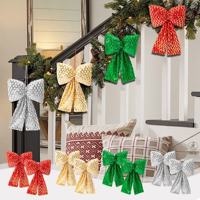 Christmas Tree Bows - Set of 2 Large Sequin Pendants for Tree Topper & Holiday Decor