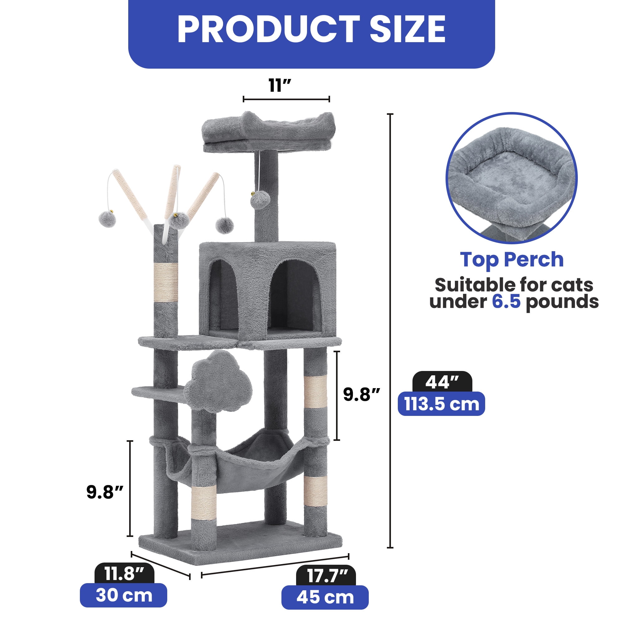 Uforic Cat Tree Tower 44" Multi-Level Cat Condo with Scratch Posts&Hammock for indoor Small Cats, Light Gray