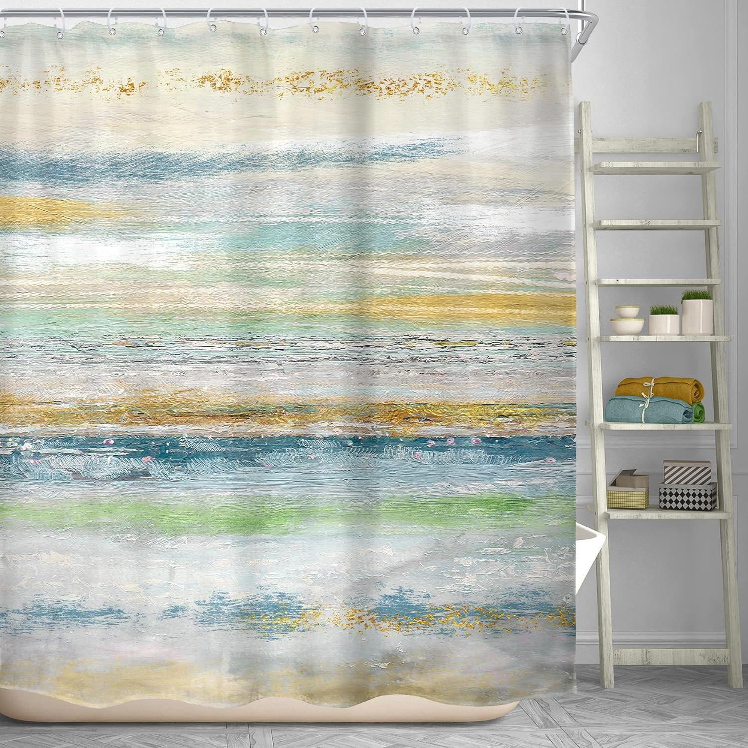 Abstract Seascape Shower Curtain for Bathroom Decor 72Wx72H Inches Oil Painting Sun Ocean Beach Waves Coastal Seaside Aesthetic Minimalist Modern Gold Fabric Waterproof Polyester 12 Pack Hooks