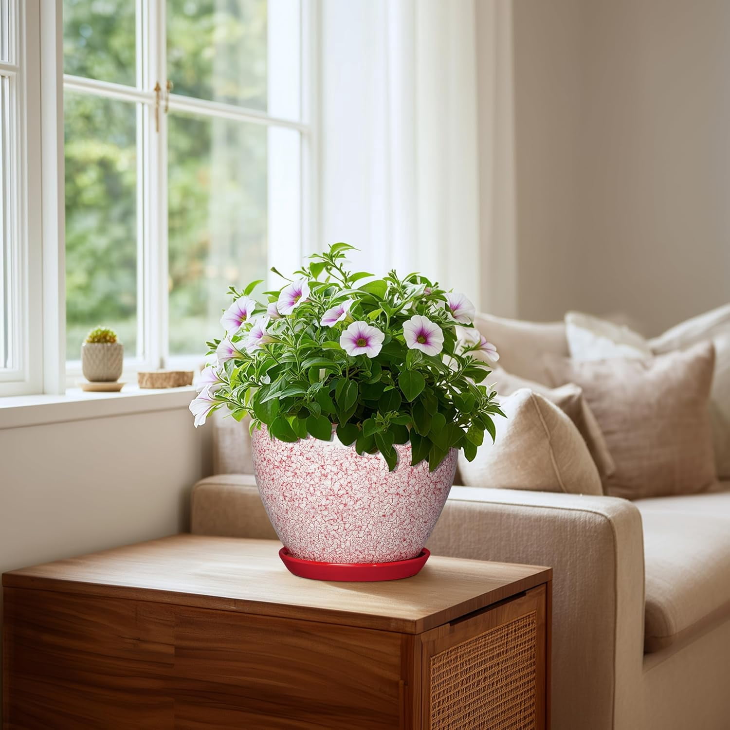 Ceramic Planter for Plants - 8 Inch Plant Pot Indoor with Drainage Hole and Tray, Round Flower Pots for Indoor Outdoor, Modern Planter, Home Decor, Gifts for Plant Lovers, Crackle Red