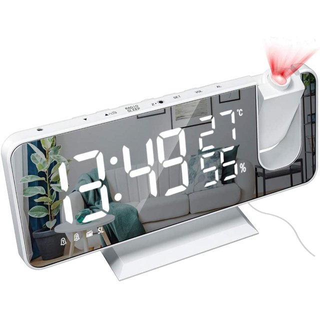 Réveil à Projection, Réveil LED Numérique avec Projection Radio Réveil 180° Horloge à Projection Miroir Double Réveil avec Répétition Gradateur Automatique Radio 32 FM, Blanc