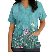 Summer Savings! EINCcm Women Scrub Tops, Womens Summer Short Sleeve V-neck Tops Uniform Printed Pockets Nursing Blouse, Multicolor, M, On Clearance!