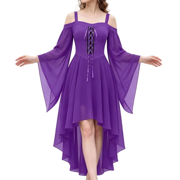 Domzest Cold Shoulder Gothic Witch Dress for Women Butterfly Sleeve Asymmetrical Hem Dresses Halloween Renaissance Outfit Purple M