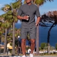 thumbnail image 2 of 2 PC Outfit Set for Men Collared Short Sleeve Button Down Shirt and Drawstring Shorts Casual Summer Ribbed Outfit Sets Gray S, 2 of 8
