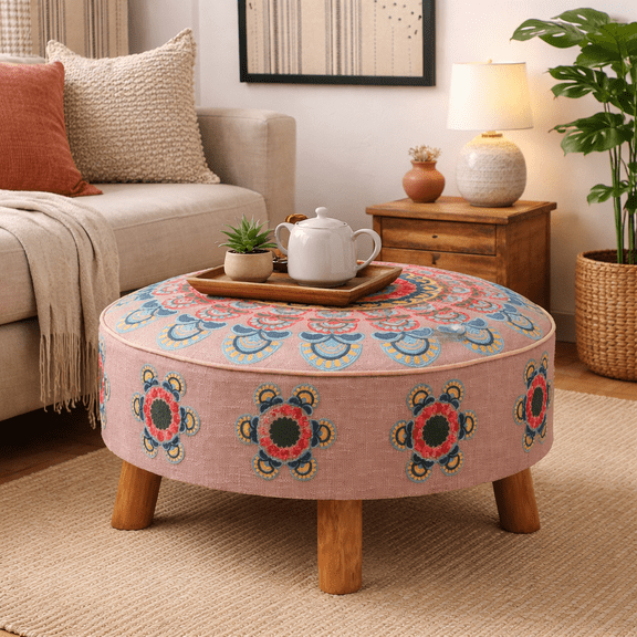 Decorative Mandala Slub Ottoman with Wood Leg for Sitting & Foot Rest | Embroidered Handmade Round Accent Stool For Living Room | 24X24X24"