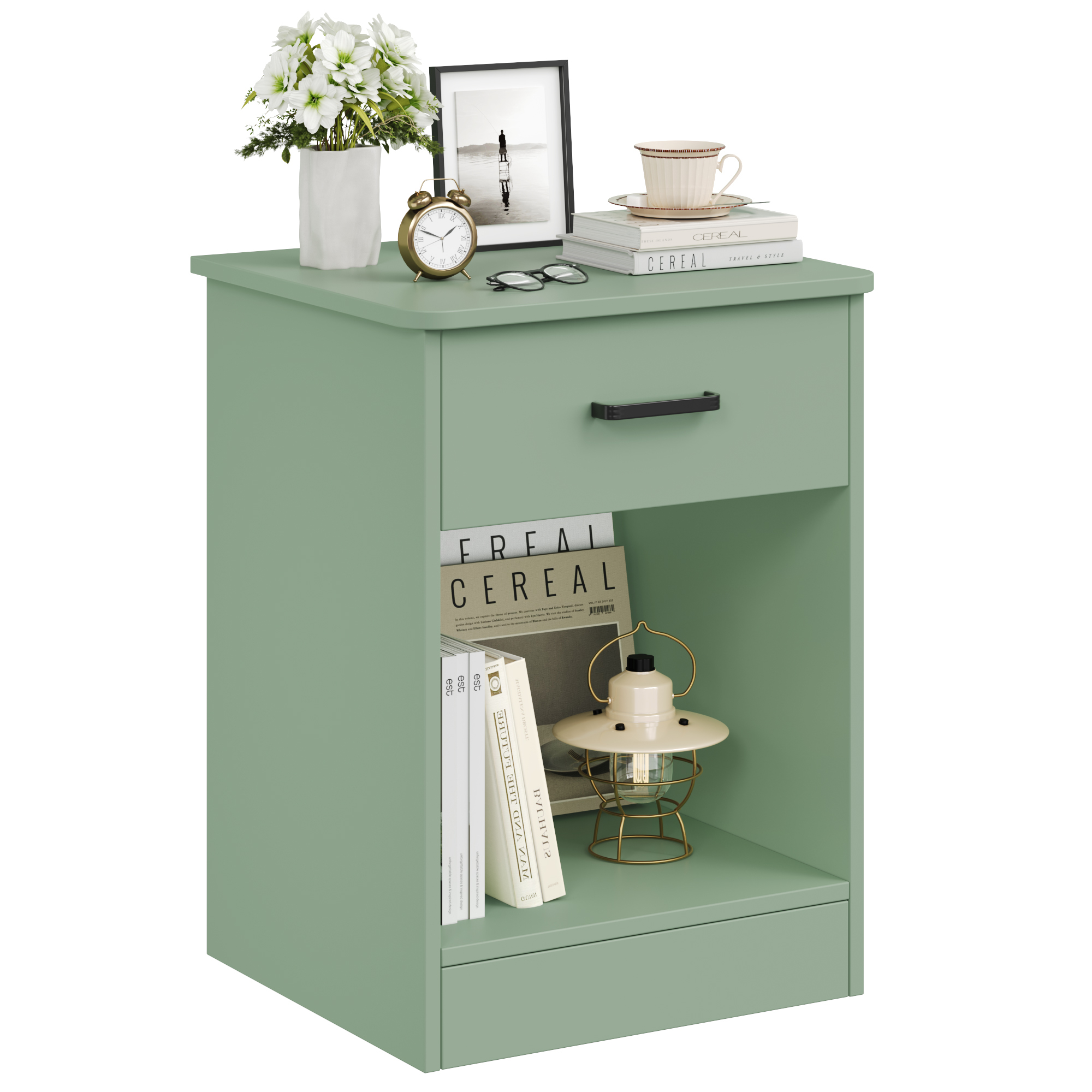 Homfa Nightstand with Drawer，2 Tier Modern Night Stand Side Table for Bedroom Living Room, Green
