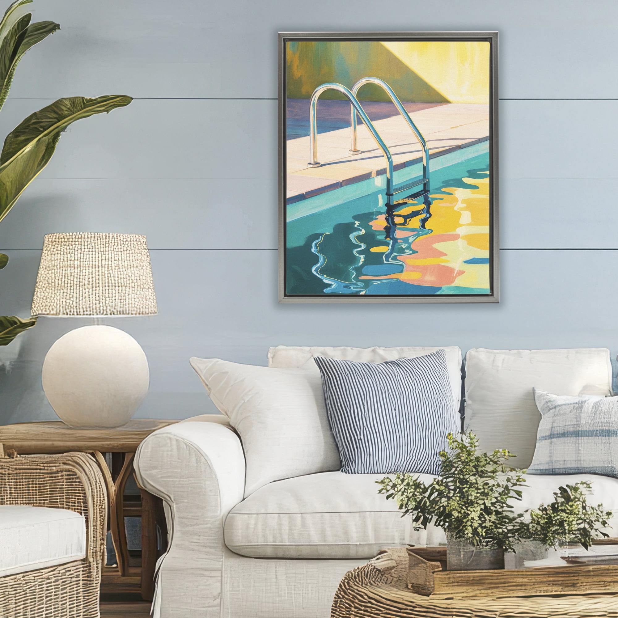 Stupell Industries Pool Ladder At Sunset Gray Framed Floater Canvas Wall Art, design by Andreas Magnusson