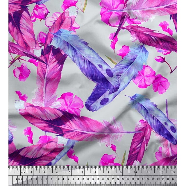Soimoi Poly Georgette Fabric Flowers & Feather Printed Craft Fabric by The Yard 42 Inch Wide