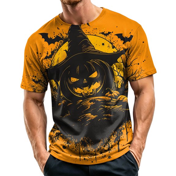 Halloween Shirts for Men Funny Graphic Tees Short Sleeve Crewneck Pumpkin Print Top Casual Halloween Costumes