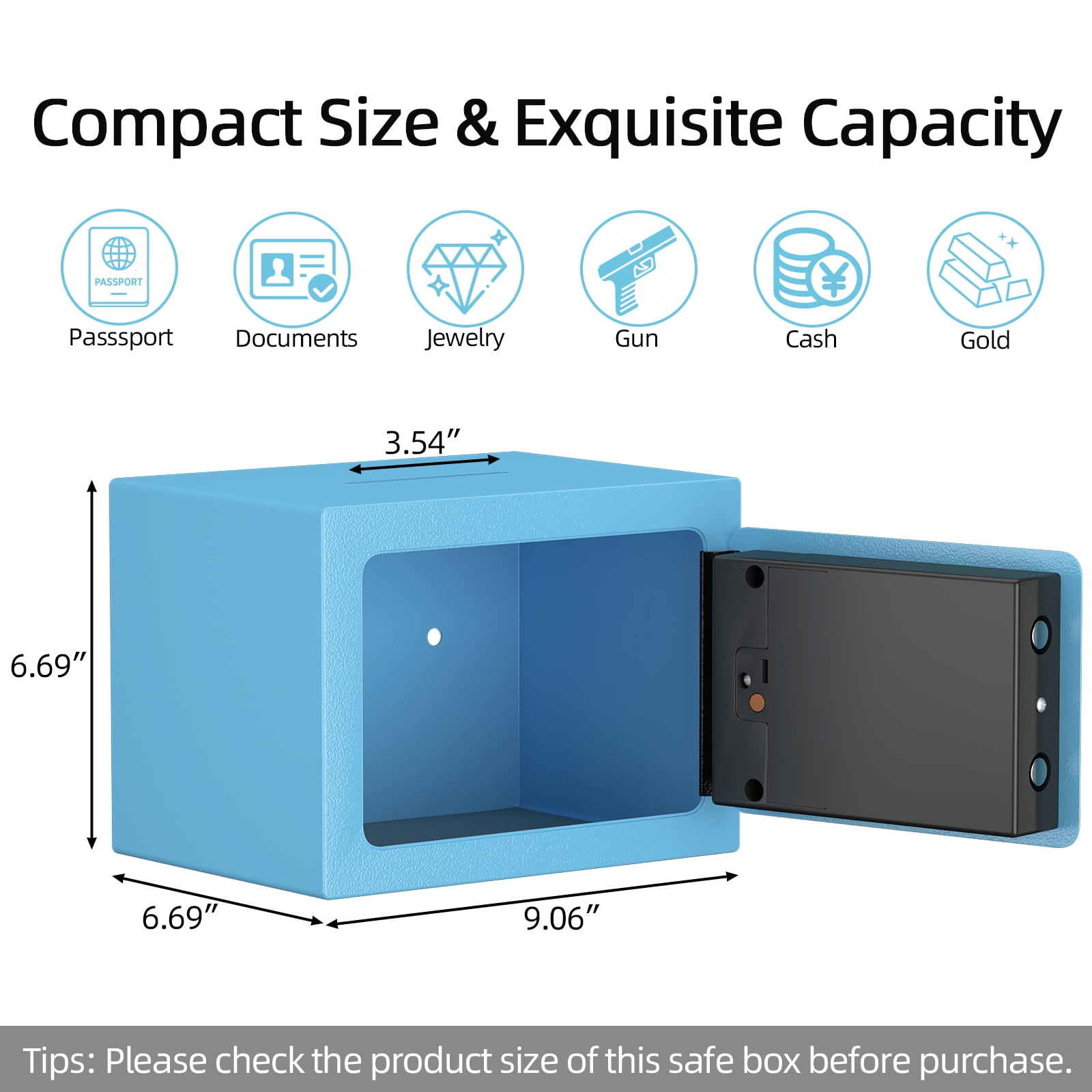 Marcree Money Safe Box for Home with Sensor Light & Fireproof Money Bag - 0.23 Cubic Feet Security Safe Box with Digital Keypad, Keys & Pass Code Lock, 9.05" W x 6.69" D x 6.69" H, Blue