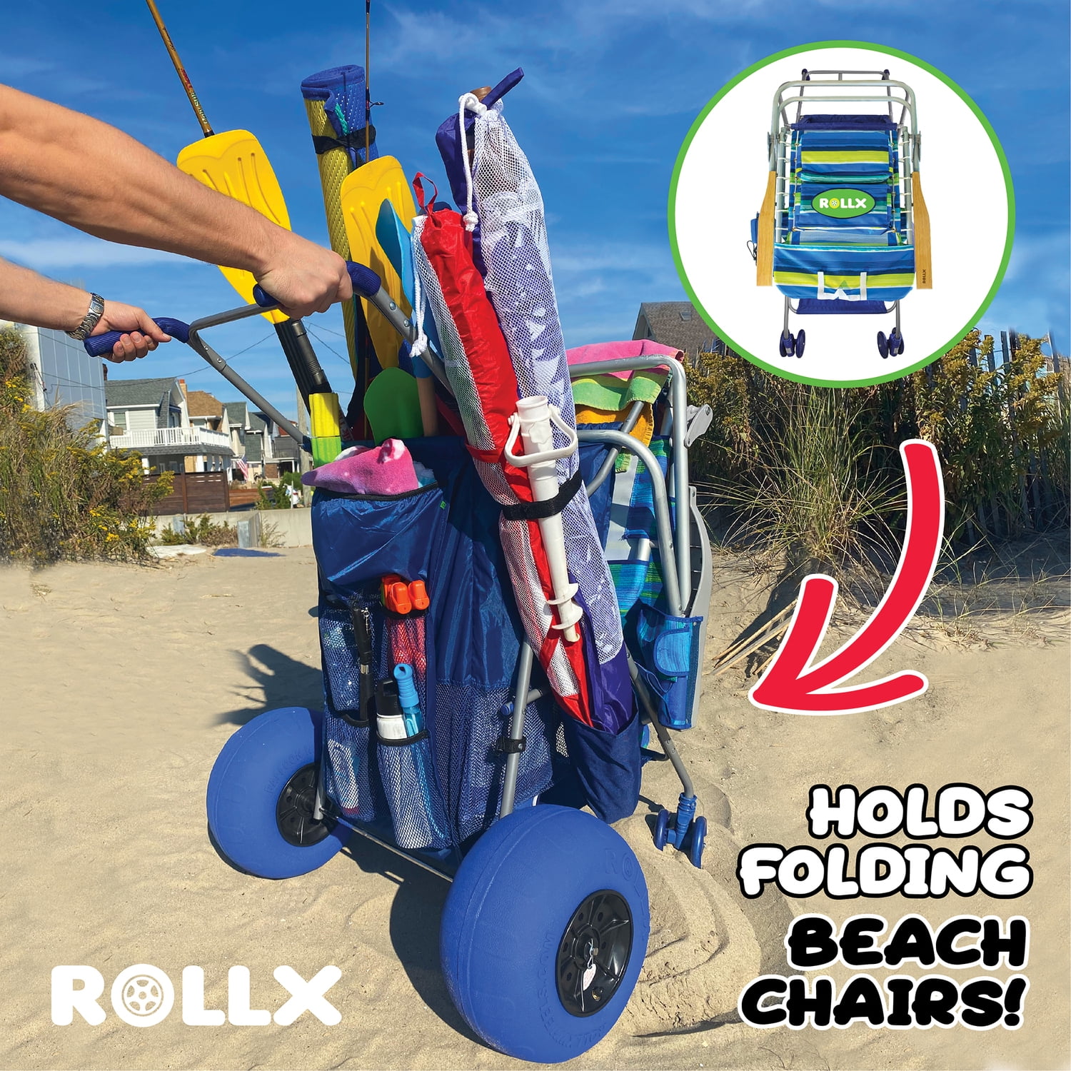 Rollx Big Balloon Wheel Foldable Beach Cart Storage Wagon for Sand, with 13-In. Beach Tires, Blue, RLX1-1107