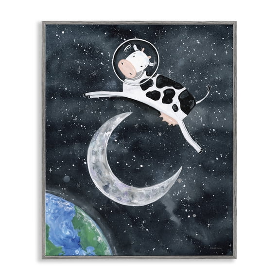 Stupell Industries Bohemian Cow Astronaut Jumping Over Moon Gray Framed Giclee Art, 11 x 14, by Rachel Nieman