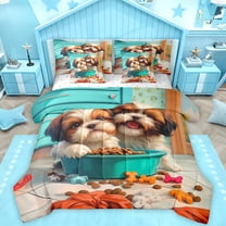 Homewish Pet Puppy Dog 7-Piece Bedding Comforter Set,Cartoon Animal King Bedding Sets,Blue Brown Orange Bed Sheets For Boys Teens,Ultra Soft Home Decor Reversible