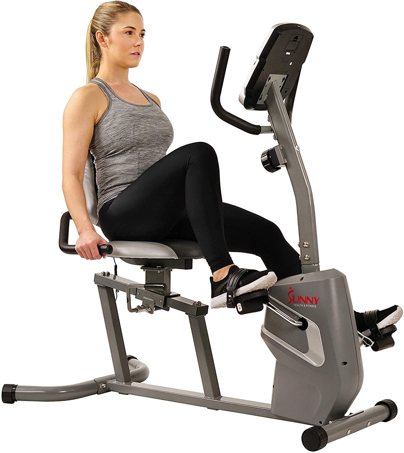 Sunny Health &amp; Fitness Magnetic Recumbent Bike Exercise Bike with Easy Adjustable Seat, Device Holder, RPM and Pulse Rate Monitoring - SF-RB4806