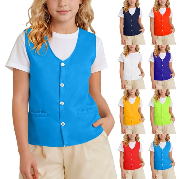 UVEASISHA Unisex Kids Volunteer Vest Lightweight Button Up Waistcoat Boys Girls V Neck Sleeveless Basic Vest Solid Color Casual Vest for School Activities Blue 9-10 Years