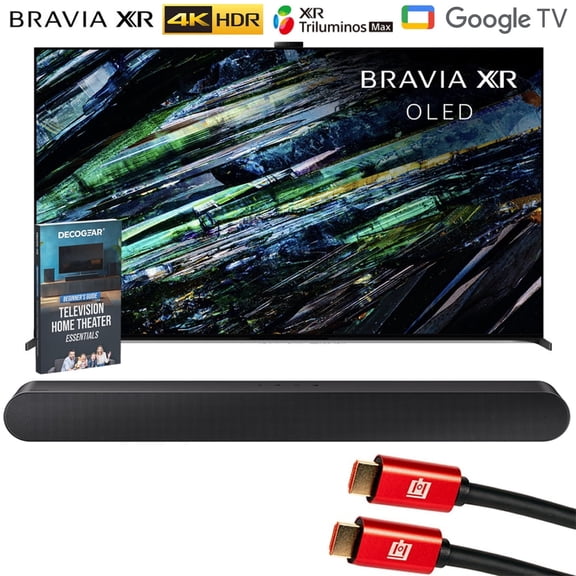 Sony BRAVIA XR A95L 77 inch QD-OLED 4K HDR Smart TV with Google TV XR77A95L Bundle with Samsung 3.0ch All-in-One Soundbar, 2x HDMI Cable and Deco Gear Home Theater Beginner's Guide