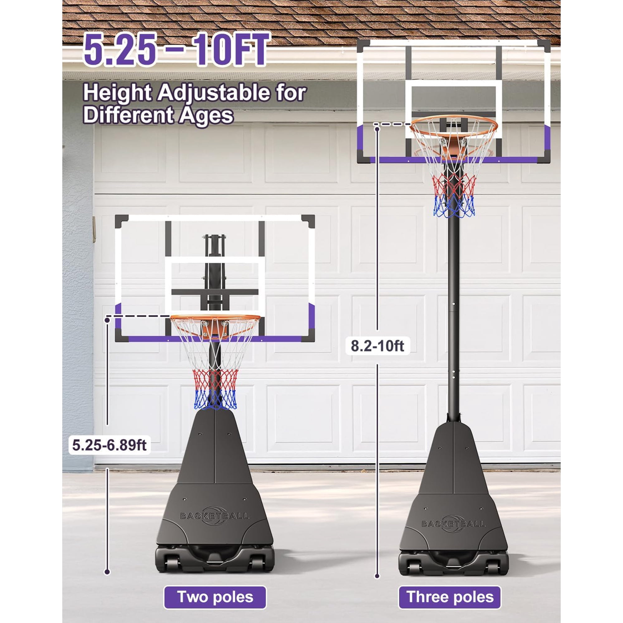 Toremore 44" Basketball Hoop Outdoor Adjustable, 5.25-10FT Portable Basketball Hoop Goal System with Shatterproof PC Backboard and Larger Base for Kids Youth and Adults