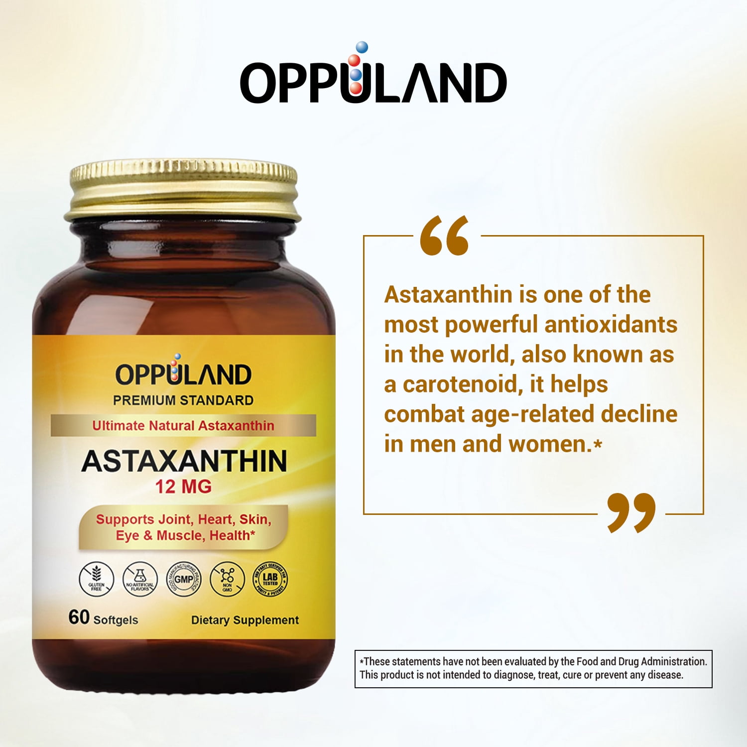 Oppuland Astaxanthin 12MG Vitamins NON-GMO, Gluten Free - No Artificial flavors 60 Soft Gel | Supporting Joint, Heart, Skin, Eye & Muscle Health
