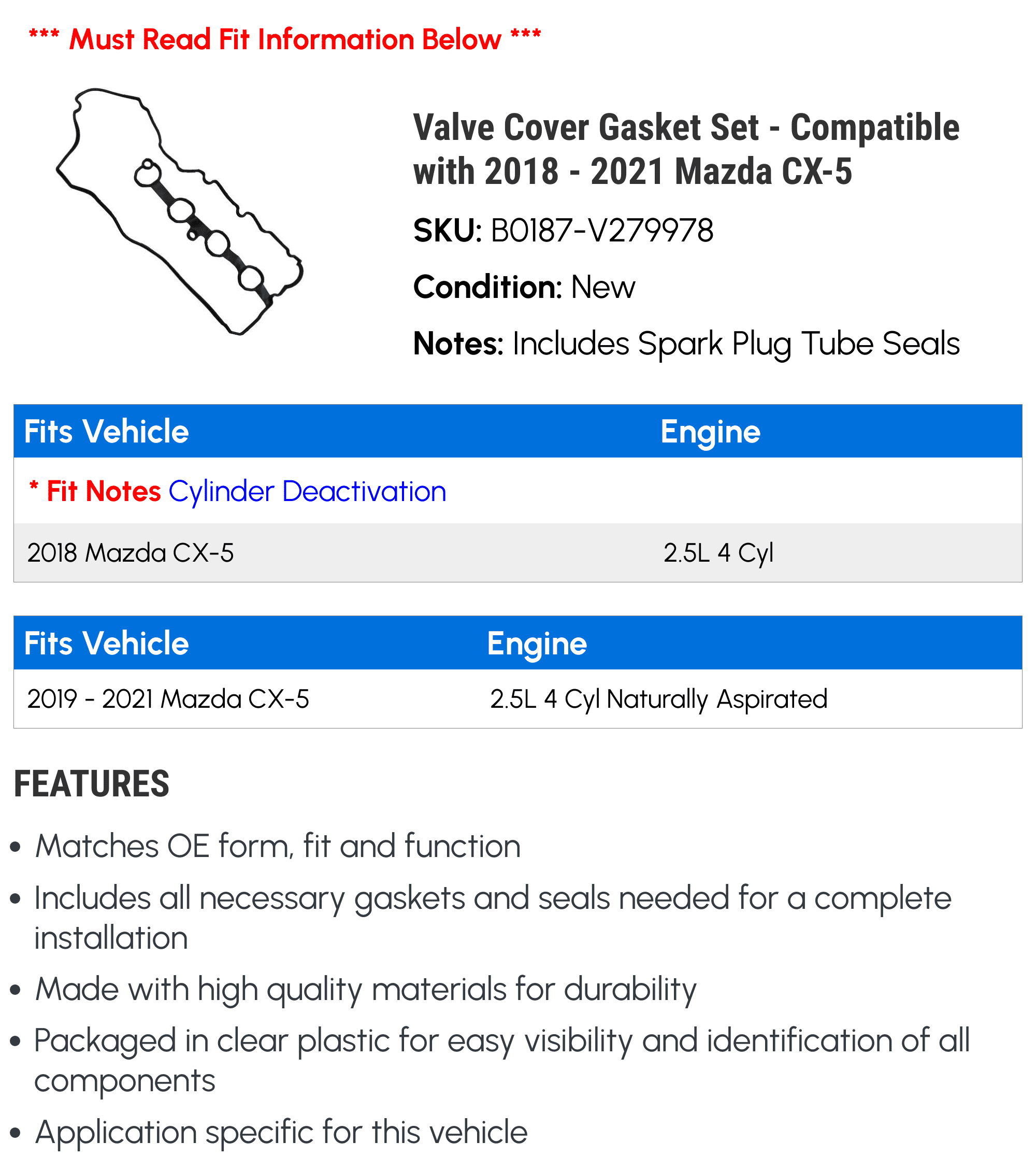 Valve Cover Gasket Set - Compatible with 2018 - 2021 Mazda CX-5 - Beck Arnley
