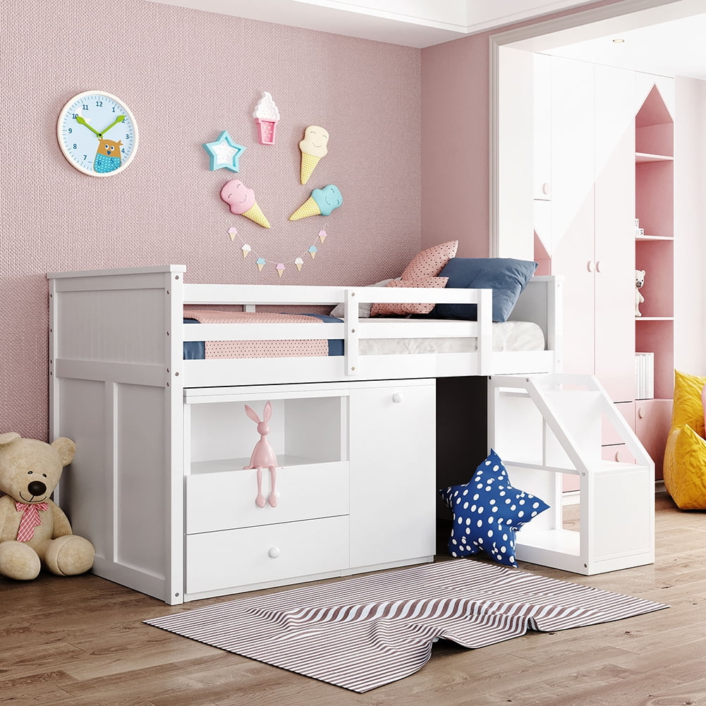 Kepooman Solid Hardwood Twin Size Loft Bed, Modern Bunk Bed With Storage Steps and Portable Desk, White Kepooman Solid Hardwood Twin Size Loft Bed, Modern Bunk Bed With Storage Steps and Portable Desk, White