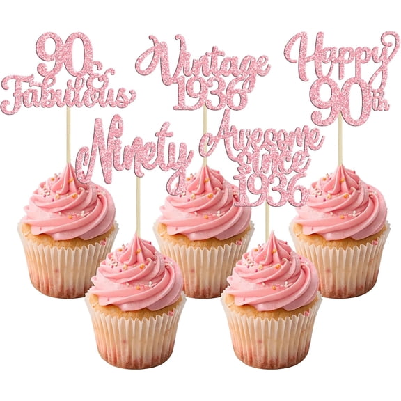 Rose Gold Glitter 90th Birthday Cupcake Toppers, 10Pcs "Happy 90th, Awesome Since 1936" Picks for 90th Birthday Party Cake Decorations