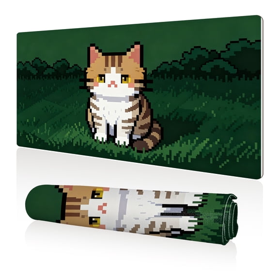 LIVEKEY XXL Mouse Pad Pixel Ginger Cat Grass 80x40cm Non Slip Durable Easy Clean Stitched Edges Full Desk Coverage for Gaming Office Use