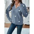 thumbnail image 6 of Cute Heart Print Sweater for Women - V-Neck Sweater Pullovers with Lace Trim, Knit Jumper Blue S, 6 of 10