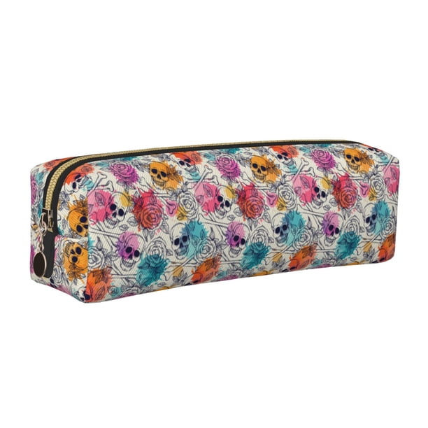 Easygdp Skulls and Roses para Estuche de Lápices de Cuero, Estuche de Papelería de Cuero, Estuche de Gran Capacidad con Cremallera