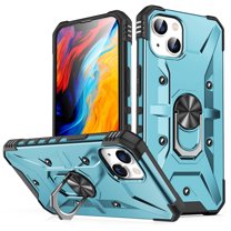 ELEHOLD for iPhone 14 Plus Armor Case, Military Grade Hard PC Magnetic Built-in Car Mount 360° Rotatable Metal Ring Holder Kickstand Shockproof Multi-Functional Rugged Case, Lightblue