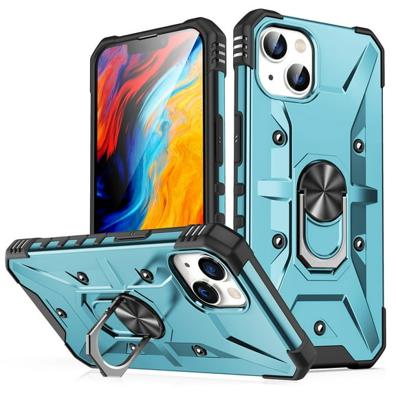 Jiahe Cover For iPhone 14 Plus 6.7 inch,Shockproof Slim Armor 360 ° Rotating Degree Ring Stand Hard Case Cover with Support Magnetic Car Mount,Lightblue