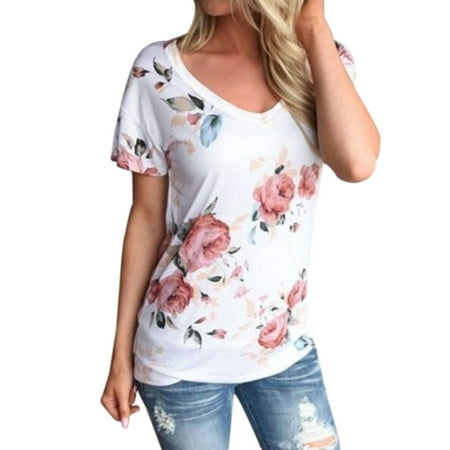 - Nlife Women Short Sleeve V Neck Floral Print Tee