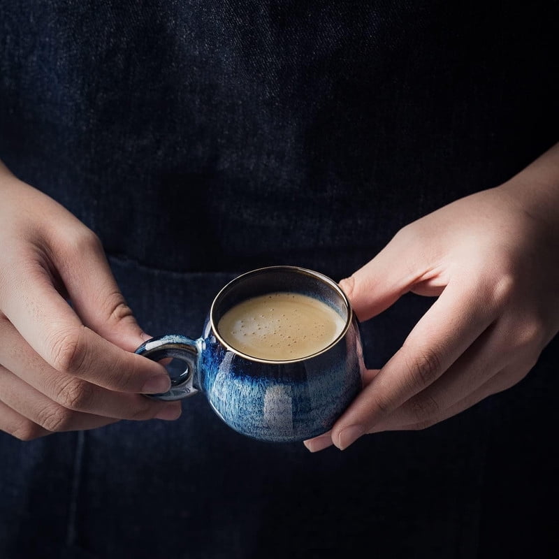 3 oz Ceramic Espresso Cups Set of 8, Porcelain Demitasse Cups with Handle, Mini Coffee Cups, Lead-Free, Reactive Glaze, Stackable, Royal Blue