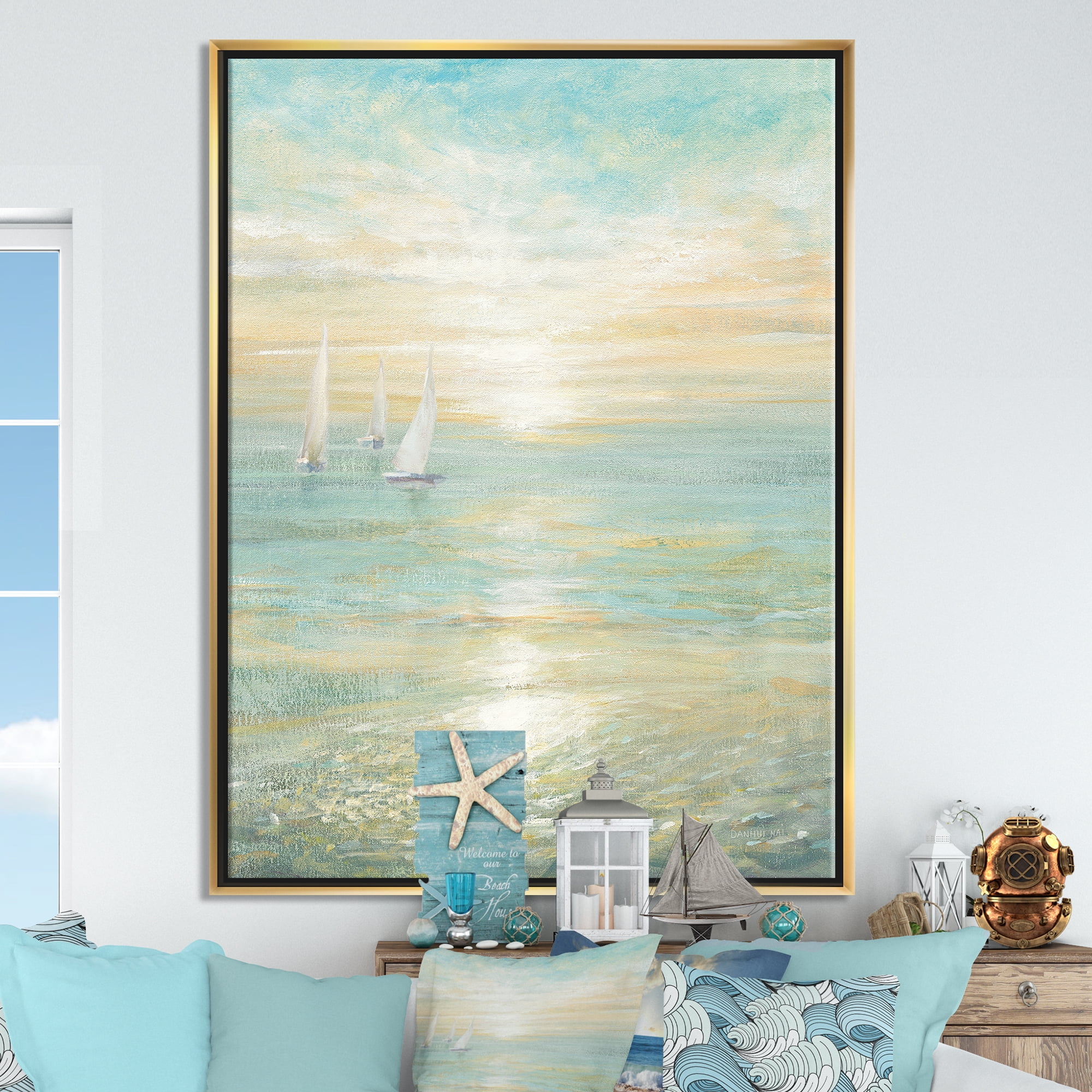 Designart ' Sunrise Boat I ' Nautical & Coastal Framed Canvas
