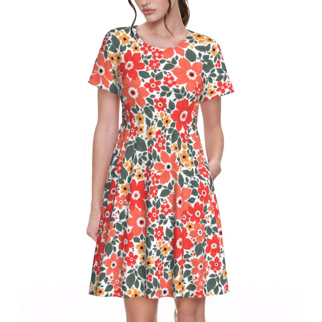 Bixox Robe d'Été à Manches Courtes pour Femmes Robe Ample Longueur Genou avec Poches-Petites Fleurs Rouge Corail