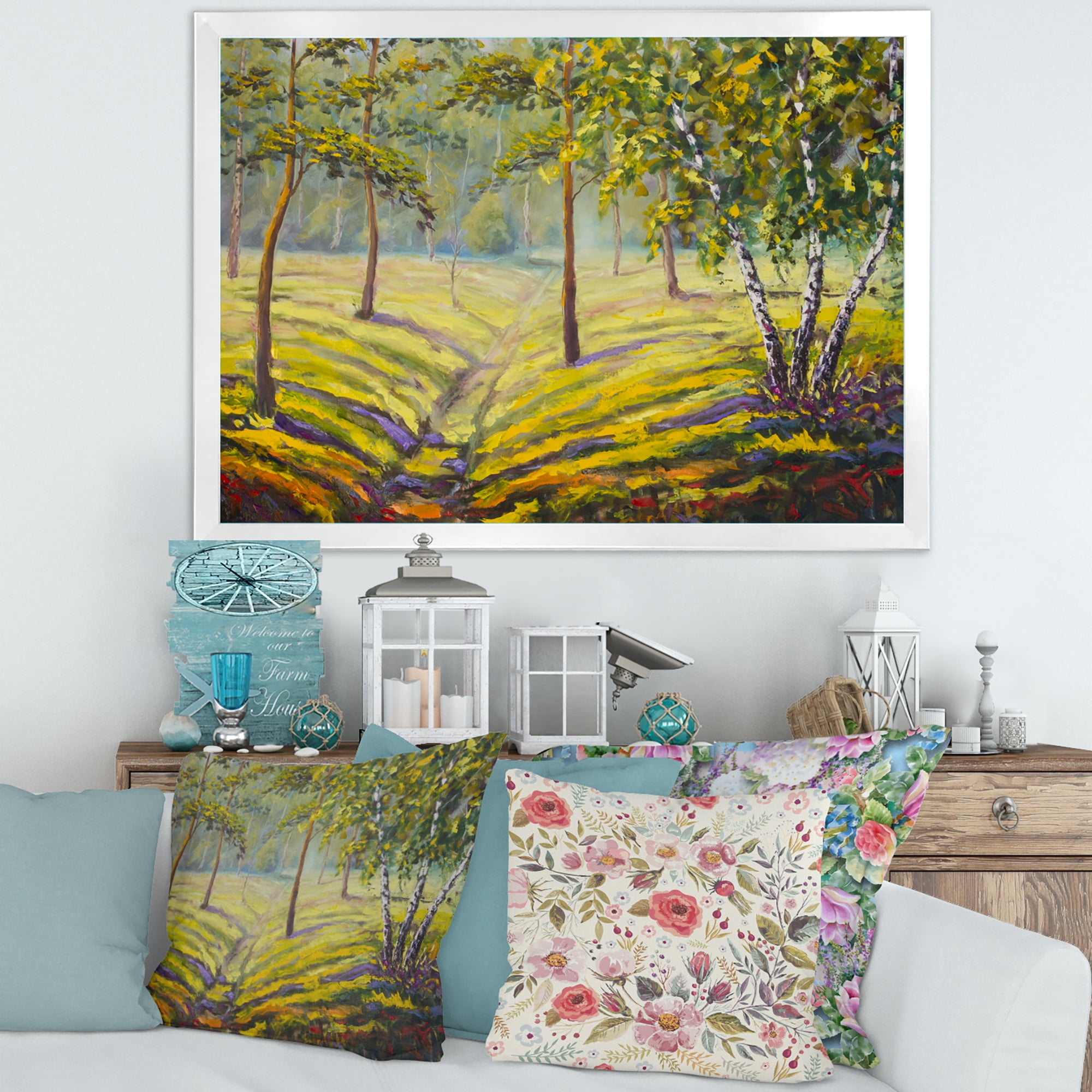 Designart 'Bushes and Pine Trees In The Forest II' Traditional Framed Art Print
