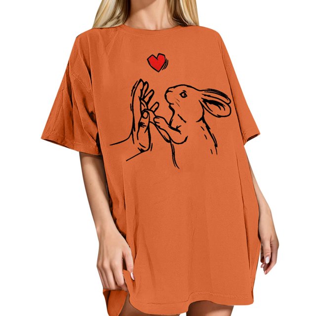 Gibobby Camisetas de verano para mujer Camiseta holgada con cuello redondo y manga corta con hombros y estampado amor conejo(Naranja,G)