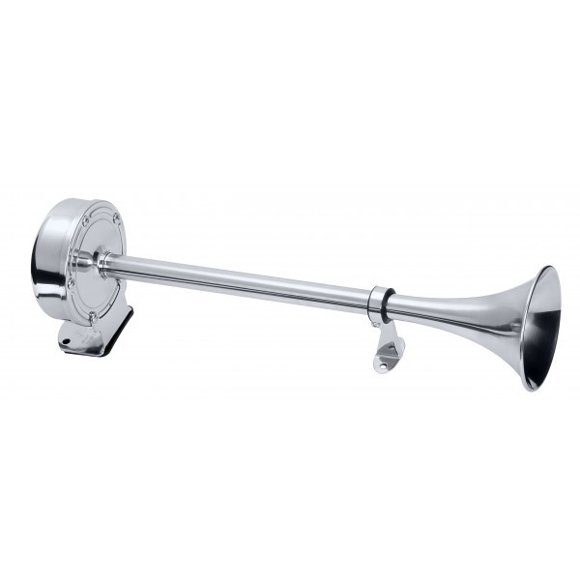 Schmitt Ongaro Klaxon 10027 Deluxe; 388 Herz Klaxon; 120 Décibels; 12 Volts/4 Ampères; Argent; Acier Inoxydable; Trompette Unique; Étanche; avec Trou pour Eau; pour Applications Marines