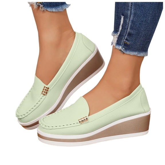 Women's Leather Wedge Loafers Wide Width Solid Color Comfortable Platform Slip on Business Walking Shoes Green Size 9.5