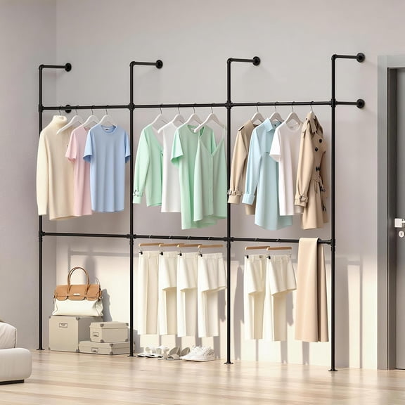 Industrial Pipe Clothing Racks, 1000LBS Black Wall Mounted Clothes Rack, 9.85FT Heavy Duty Garment Rack Closet Wardrobe Rack for Walk In Closet, Laundry Room