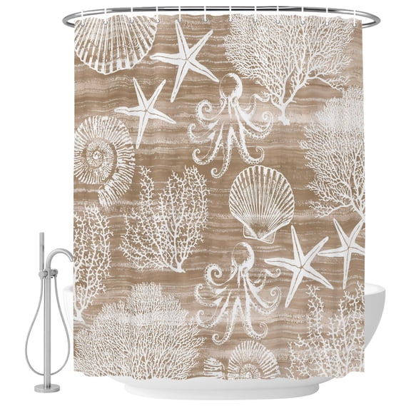 Brown Coastal Shower Curtain Set - Standard 72" x 72" Washable Bathtub Curtain with 12 Hooks, Nautical Coral Starfish Shell Octopus Sea Waterproof Fabric Stall Shower Curtains for Bathroom Décor