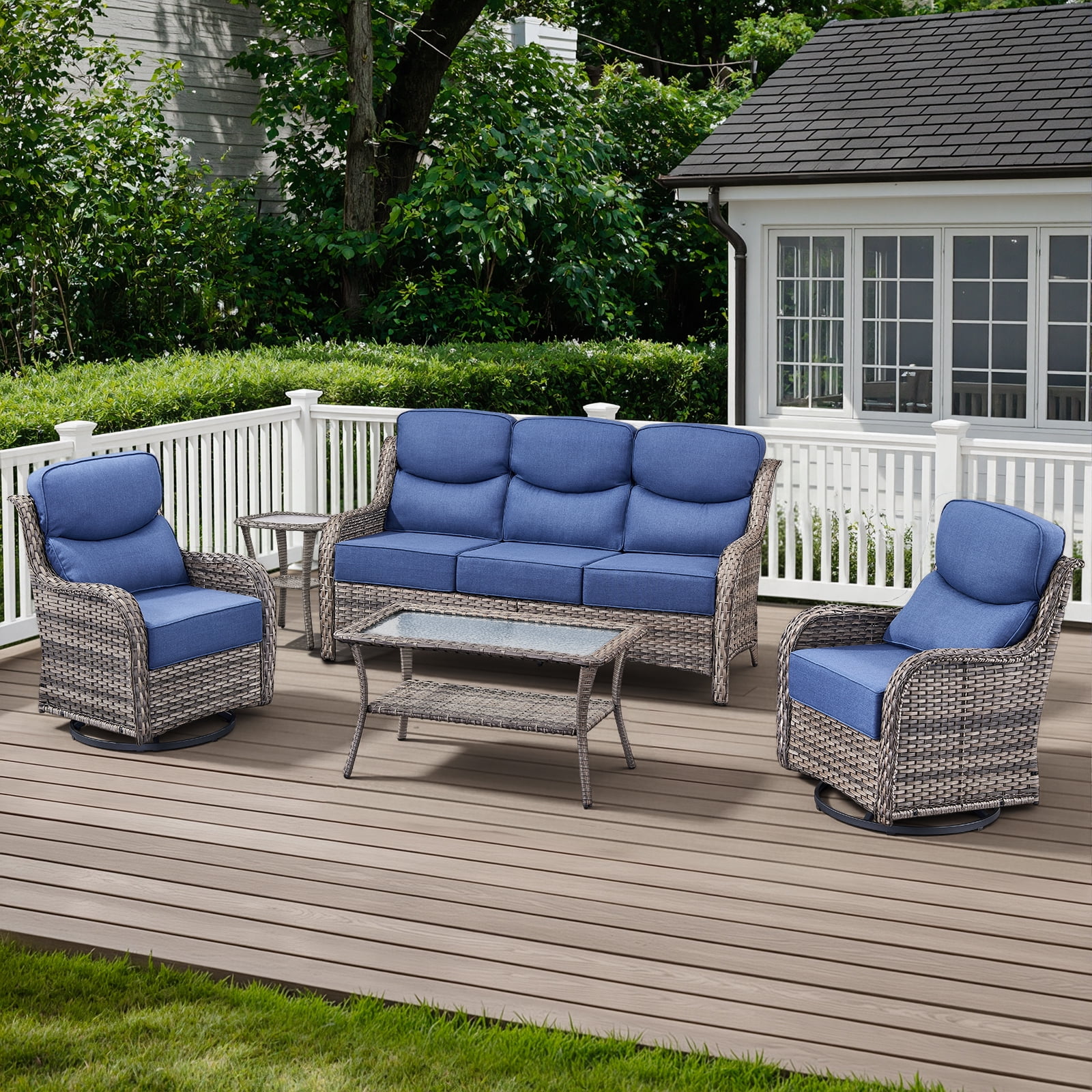 POCASSY Luxury 6" Extra Thick Cushion Patio Furniture Set, 5-Piece Outdoor Patio Furniture Set with Swivel Patio Chairs, Sofa Couch and Coffee Table, Outdoor Conversation Set for Porch Balcony