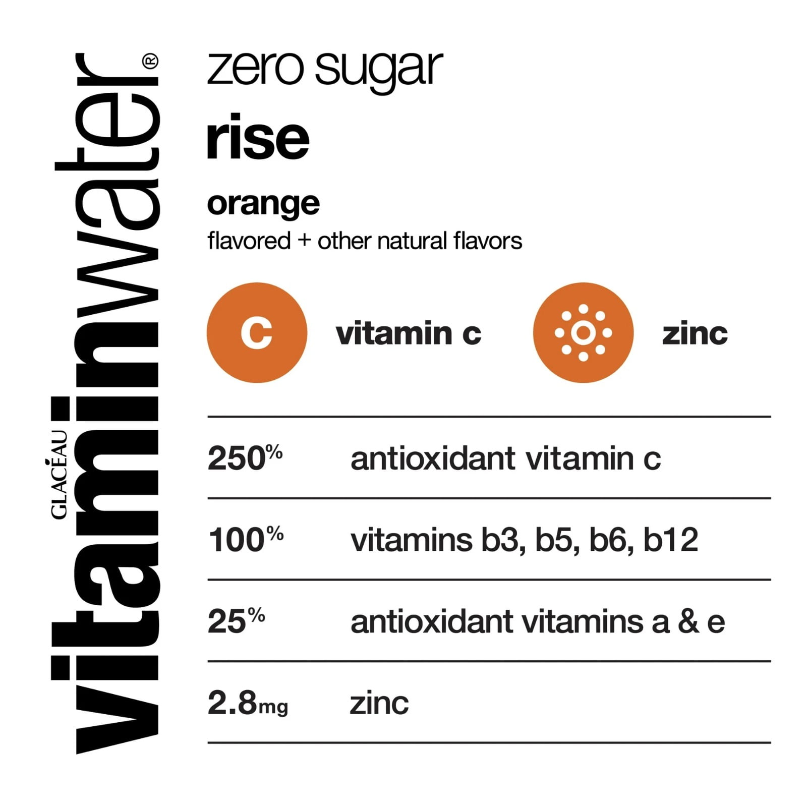 Vitaminwater Rise Zero Sugar Orange Flavored Water Beverage, 20 fl oz (3 Pack)