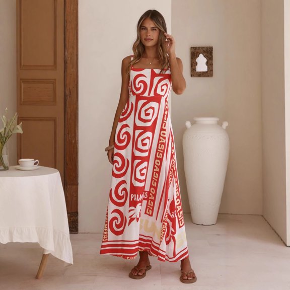 Women's Red White Tribal Geometric Print Spaghetti Strap Maxi Dress Square Neck Smocked Back Boho Vacation Dress