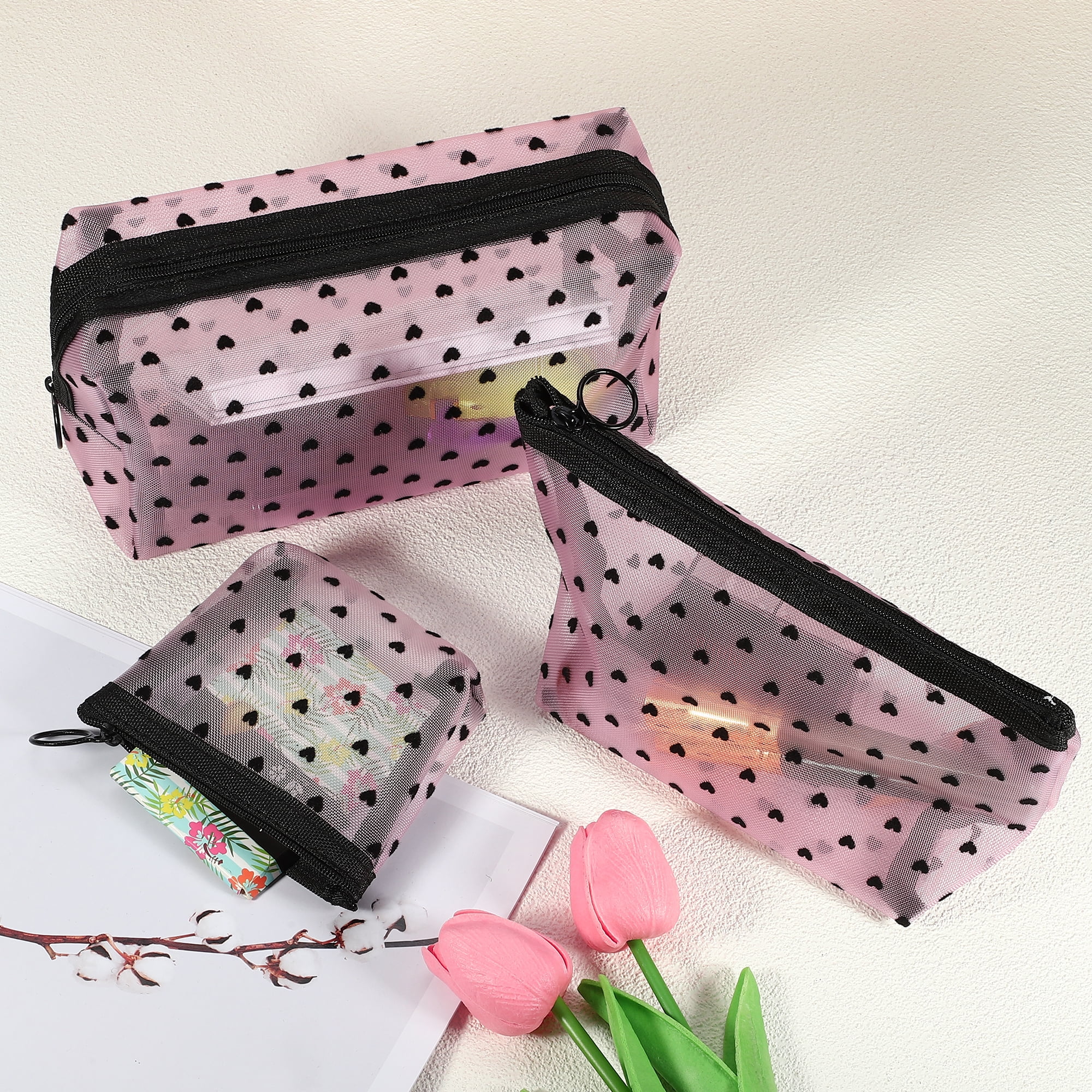 Unique Bargains 3 Pcs Heart Shape Print Mesh Makeup Bag Clear Makeup Pouch w Zipper Pink